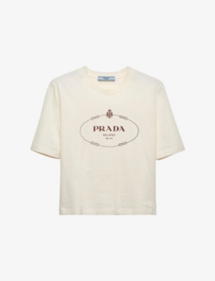 Shop Prada Logo-print Boxy-fit Cotton-jersey T-shirt In Neutral
