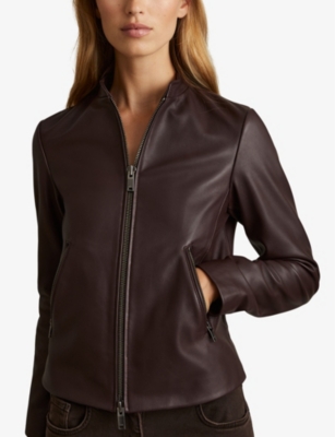 Reiss Womens Chocolate Brown Allie Slim-fit Leather Biker Jacket In Berry