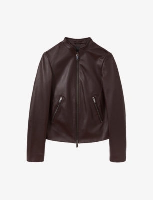 Reiss Womens Chocolate Brown Allie Slim-fit Leather Biker Jacket In Berry