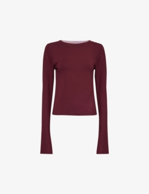 Shop Jaded London Women's Burgundy Long-sleeved Mesh-panel Stretch-woven Top