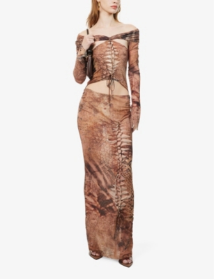 Shop Jaded London Womens Brown Animal-print Cut-out Stretch-woven Maxi Dress