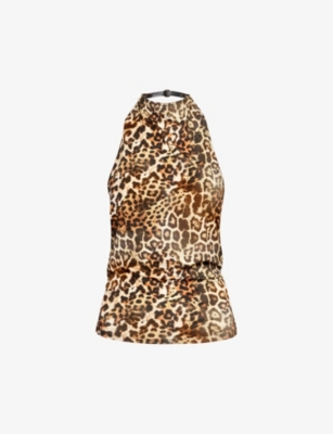 Shop Jaded London Women's Leopard Leopard-print Halterneck Woven-blend Top