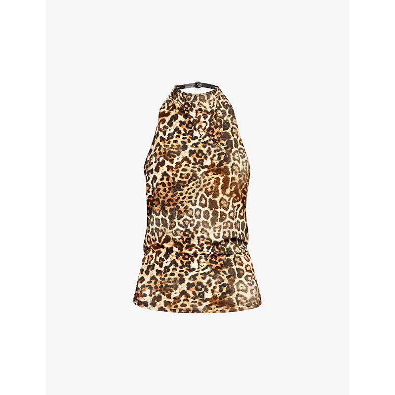 Jaded London Womens Leopard Leopard-print Halterneck Woven-blend Top