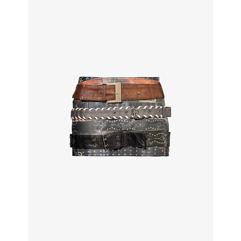 Jaded London Womens Brown Belt-embellished Low-rise Woven Mini Skirt