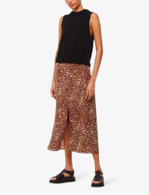 WHISTLES OMENS WHISTLES ANIMAL-PRINT FRONT-SPLIT LINEN-BLEND MIDI SKIRT 