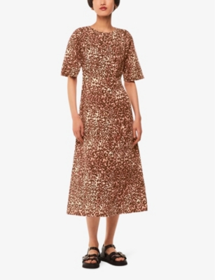 Whistles Veda Animal-print Short-sleeve Linen-blend Midi Dress In Multicolour