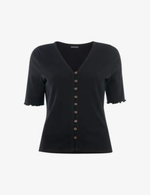 Shop Whistles Womens Black Frilled-trim V-neck Cotton-blend T-shirt