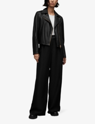 Shop Allsaints Women's Black Vela Zip-cuffs Slim-fit Leather Biker Jacket