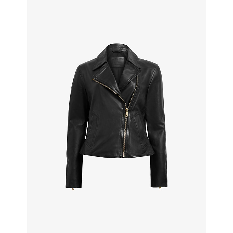 Shop Allsaints Women's Black Vela Zip-cuffs Slim-fit Leather Biker Jacket