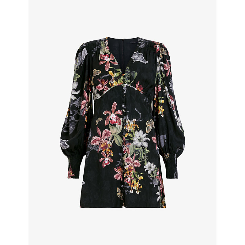 Allsaints Womens Black Auden Sanibel Floral-print Woven Mini Dress