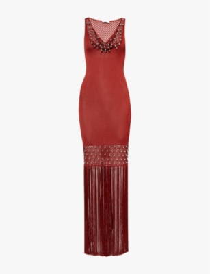 Rabanne Womens Cherry Bead-embellished Fringed-hem Knitted Maxi Dress