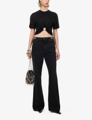 RABANNE WOMENS RING-EMBELLISHED CROPPED COTTON-JERSEY T-SHIRT BLACK 