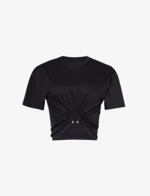 RABANNE: Ring-embellished cropped cotton-jersey T-shirt
