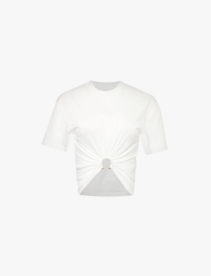 Rabanne White Crewneck Top With Short Sleeves And Ruched Cut-out On The Front In Cotton Woman In Off White