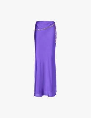 RABANNE: Chain-embellished satin-textured woven maxi skirt