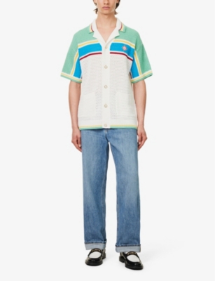 Shop Casablanca Men's White / Blue Multi Spread-collar Stretch-cotton Knitted Shirt