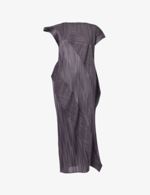 Issey Miyake Womens Gray September Asymmetric-neck Knitted Midi Dress