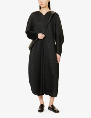 Shop Issey Miyake Womens Black Pleated Knitted Midi Dress