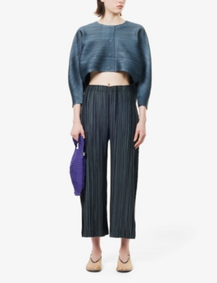 ISSEY MIYAKE WOMENS BLUE GRAY CROPPED PLEATS KNITTED CARDIGAIN