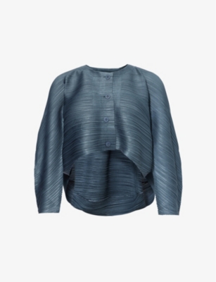 ISSEY MIYAKE WOMENS BLUE GRAY CROPPED PLEATS KNITTED CARDIGAIN