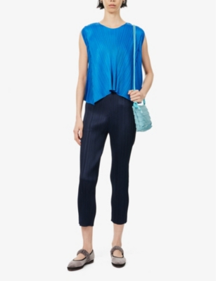 Issey Miyake Womens Pleats Please  Pleats Slim-fit Cropped-leg Knitted Trousers In Navy