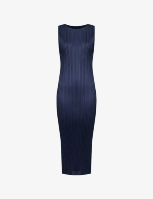 Shop Issey Miyake Womens Navy Column Sleeveless Knitted Midi Dress