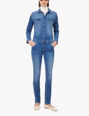 Shop Donna Ida Womens  Sadie The Boiler Suit Faded-wash Stretch-denim Blend Jumpsuit In Fawcett Blue