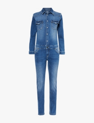 Shop Donna Ida Womens  Sadie The Boiler Suit Faded-wash Stretch-denim Blend Jumpsuit In Fawcett Blue