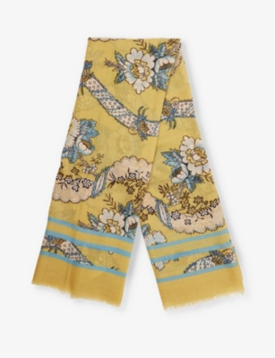 WEEKEND MAX MARA: Floral-print striped-trim wool scarf