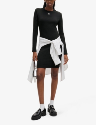 Hugo Boss Ribbed Dress In Stretch Fabric With Stacked Logo In Black