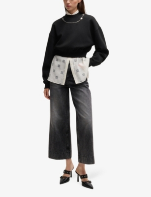 Hugo Boss Womens Chain-embellished Cropped Stretch Cotton-blend Sweatshirt Black In Black