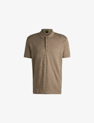 HUGO BOSS MENS GEOMETRIC-JACQUARD RELAXED-FIT COTTON POLO SHIRT LIGHT/PASTEL GREEN