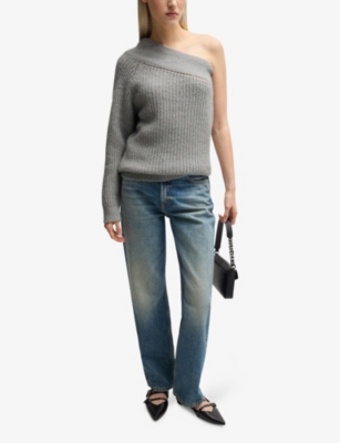 Hugo Boss Womens One-shoulder Brushed-texture Stretch-knit Jumper Medium Grey In Medium Grey