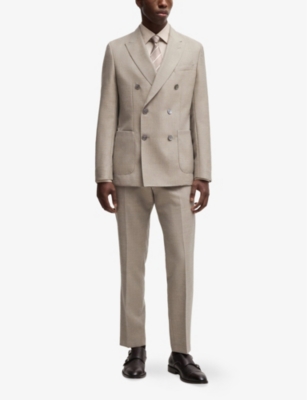 Hugo Boss Slim-fit Blazer In Patterned Virgin Wool In Light Beige