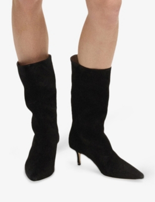 Hugo Boss Womens Black Double B Monogram Pointed-toe Suede Heeled Boots In Black