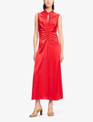 Sandro Womens Red Cut-out Draped Satin Midi Dress In Red