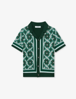 Shop Reiss Boys Greenkids Hyde Geometric-print Short-sleeve Knitted Shirt 3-13 Years In Green Multi