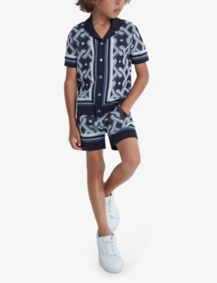 Shop Reiss Boys Vykids Hyde Geometric-print Short-sleeve Knitted Shirt 3-13 Years In Navy Multi