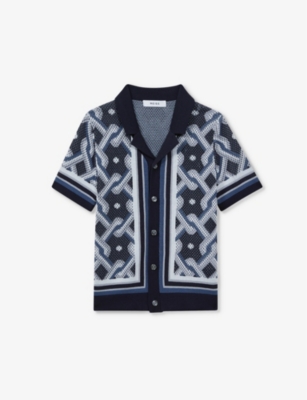 REISS: Hyde geometric-print short-sleeve knitted shirt 3-13 years