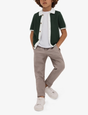 Shop Reiss Boys Green/optic Whi Kids Misto Open-stitch Short-sleeve Cotton Shirt 3-14 Years