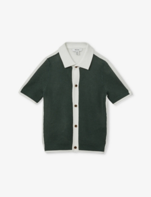Shop Reiss Boys Green/optic Whi Kids Misto Open-stitch Short-sleeve Cotton Shirt 3-14 Years