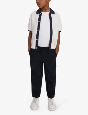 Shop Reiss Boys Vy/optic Whit Kids Misto Open-stitch Short-sleeve Cotton Shirt 3-14 Years In Navy/optic Whit