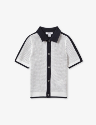 Shop Reiss Boys Vy/optic Whit Kids Misto Open-stitch Short-sleeve Cotton Shirt 3-14 Years In Navy/optic Whit