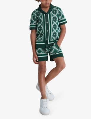 Shop Reiss Boys Greenkids Jack Abstract-print Elasticated-waist Knitted Shorts 4-13 Years In Green Multi