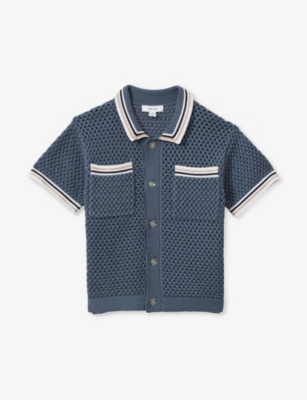 Shop Reiss Boys Airforce Blue Kids Coulson Crochet Stretch-cotton Shirt 3-14 Years