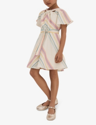 Shop Reiss Kitty Belted-waist Striped Linen And Cotton-blend Dress 4-14 Y In Ivory