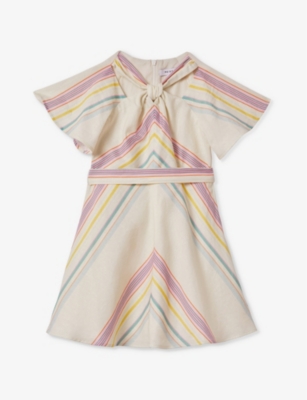 Shop Reiss Girls Ivory Kids Kitty Belted-waist Striped Linen And Cotton-blend Dress 4-14 Years