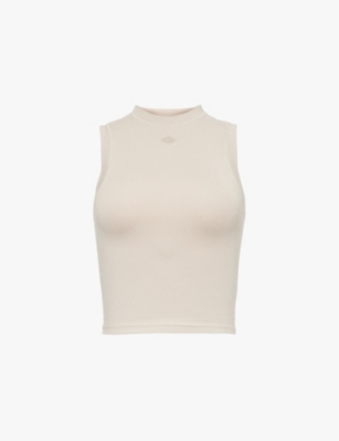 The Couture Club Womens Stone Soft Touch Emblem Racer High-neck Stretch-cotton Top In Stone
