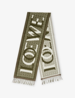 Shop Loewe Mens Love Monogram Wool And Cashmere-blend Scarf Dark Green