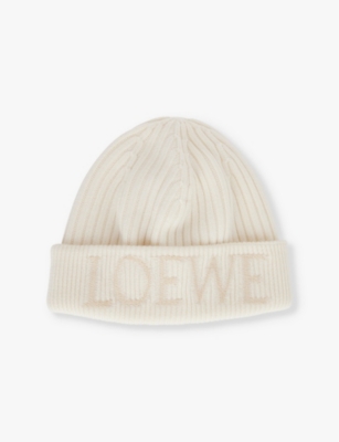 Loewe Mens White Brand-embroidery Ribbed Wool Beanie